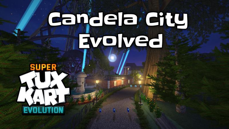 A picture featuring the SuperTuxKart Evolution logo and showcasing the new Candela City