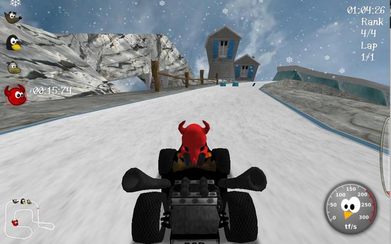 SuperTuxKart 0.7.3: Beastie - a kart introduced in 0.7.2 - is driving in an improved Snow Peak