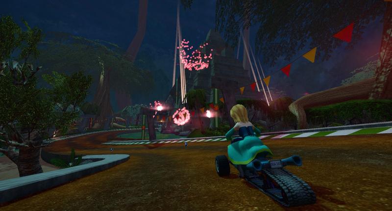 SuperTuxKart 0.9.1: Sara the Wizard in Carnaval del Cacao with fireworks and a mesoamerican temple in the background