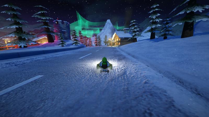 SuperTuxKart 1.3: Adiumy driving in Northern Resort with a green aurora borealis in the background lighting up the night sky