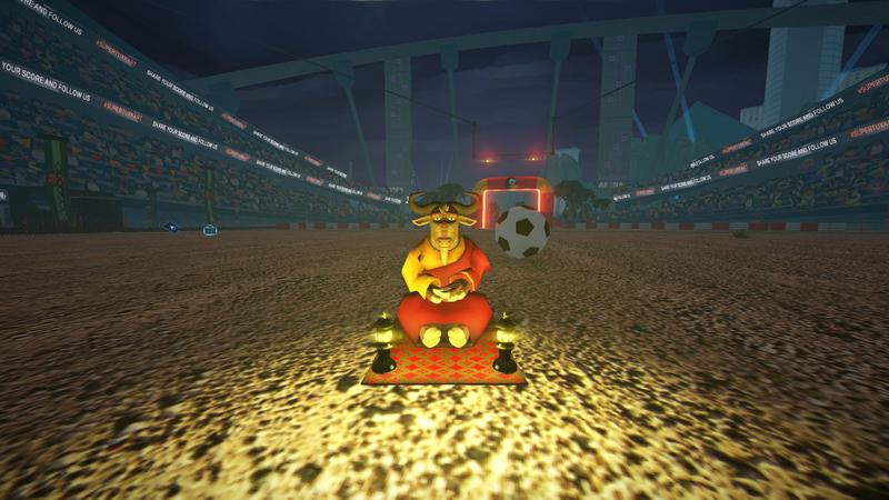 SuperTuxKart 1.3: An improved GNU kart with night lights facing the camera in Las Dunas Soccer with a big soccer ball visible behind