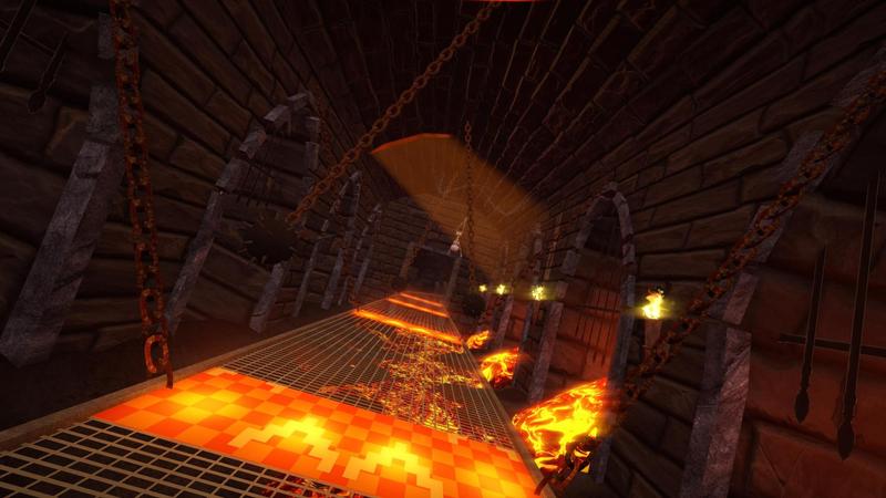SuperTuxKart Evolution preview: A hall in New Fort Magma with ominous ball chains threatening drivers
