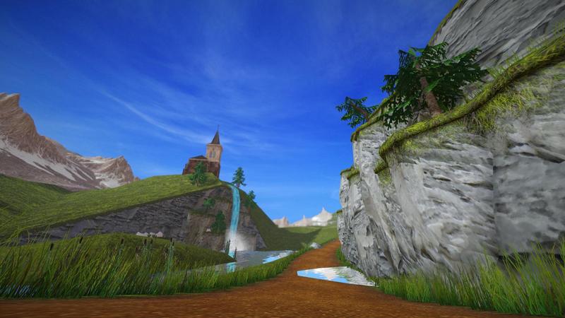SuperTuxKart Evolution preview: a peaceful mountain landscape in Alpine Valley with a waterfall and a church in the background