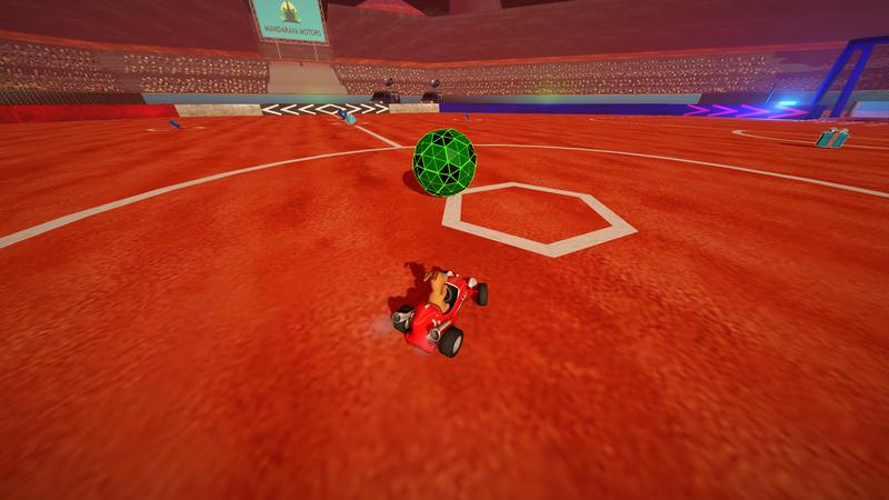 SuperTuxKart 1.5: Emule driving towards a green ball in the new soccer field XR-4R3N4 themed after XR591