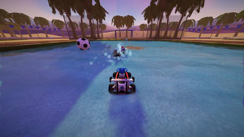 SuperTuxKart 1.5: Godette driving in the shallow pool of water in the middle of the new soccer field Oasis with other karts driving towards the soccer ball