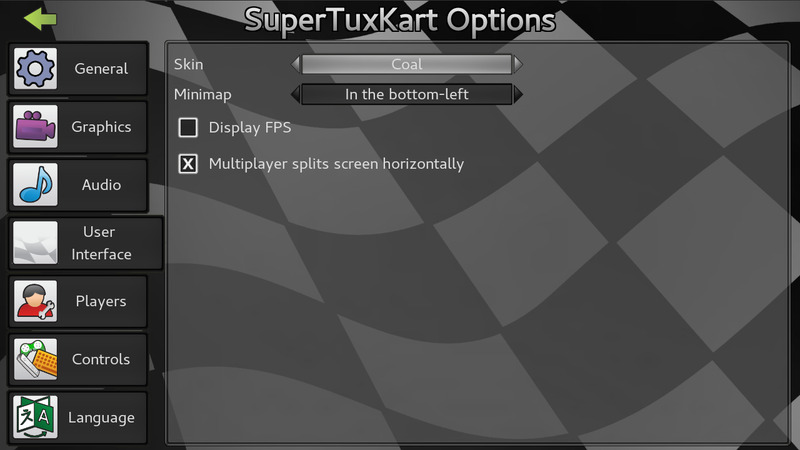 A screenshot from the SuperTuxKart 1.0 option menu showing the new dark theme as well as the new vertical tabs and the new language tab