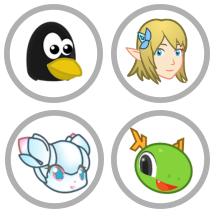 Icons for four characters of SuperTuxKart: Tux; Sara; Kiki; and Konqi
