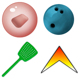 Icons for four powerups of SuperTuxKart: Bubblegum; Bowling Ball; Swatter; and Zipper