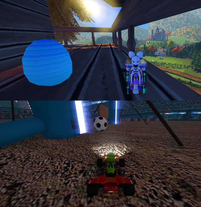 A collage of SuperTuxKart Egg Hunt on top and SuperTuxKart Soccer at the bottom