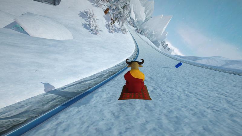 GNU in a long banked curve in the snowy landscape of Freytra Peaks