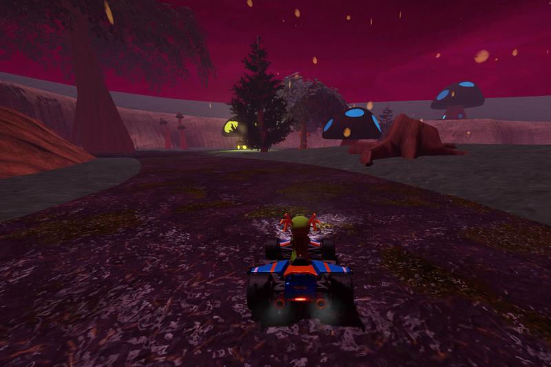 A screenshot of Litspore Moor with Konqi with giant glowing mushrooms under a red sky