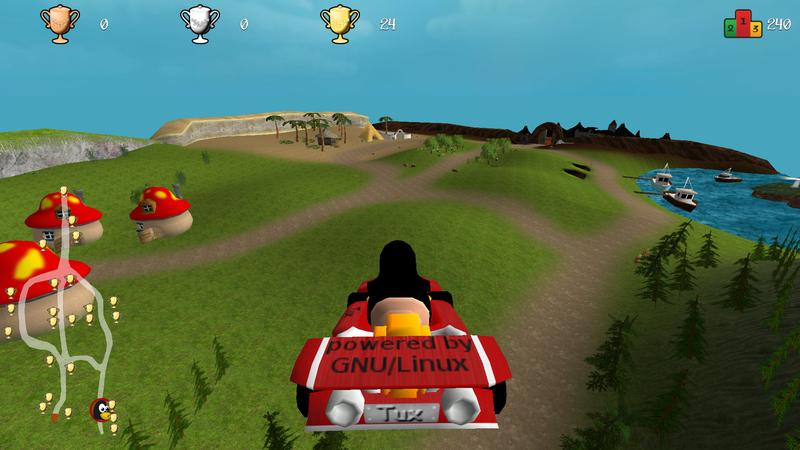 SuperTuxKart 0.8: a view from the Story Mode's overworld and its different areas with Tux flying in the foreground