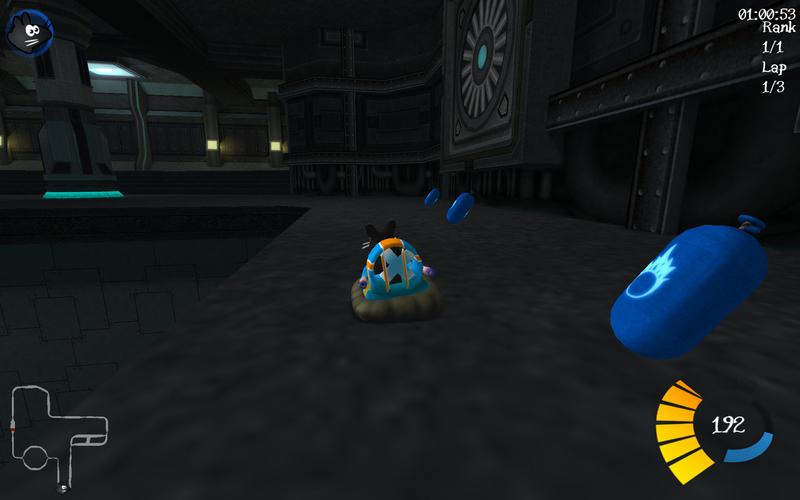 SuperTuxKart 0.8.1: Xue driving in STK Enterprise next to the then new nitro can models with the user interface of that version visible