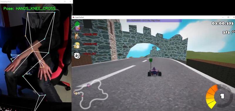 A SuperTuxKart window and a camera feed where gestures are analyzed to drive a kart.